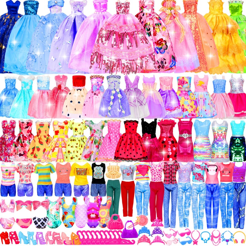 Bymore ï»¿195 Pcs Doll Clothes and Accessories Kit, Include Princess Gowns, Fashion Skirt, Slip Dresses, Tops, Pants, Bikini Swimsuits, Shoes, Crowns, Necklaces, Glasses, Hangers in Gift Box for 11"-12" Dolls - Image 1